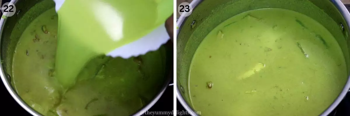 collage image of 2 steps showing addition of thick coconut milk extract and cooking fish caldine.