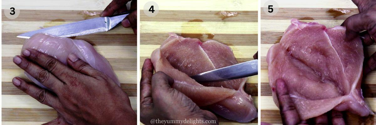 collage image of 3 steps showing how to cut pockets in the chicken breasts to make mediterranean stuffed chicken recipe.