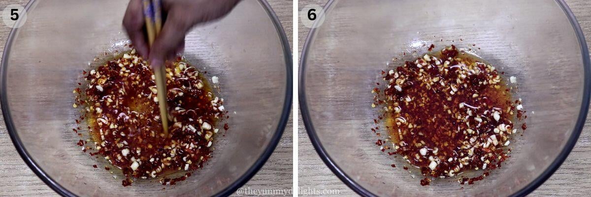 collage image of 2 steps showing mixing chili and garlic with hot oil.