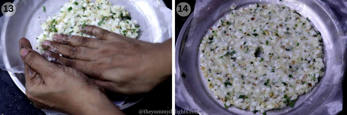collage image of 2 steps showing shaping the thalipeeth.