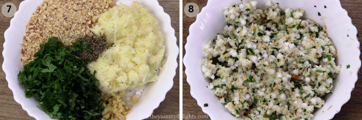 collage image of 2 steps showing how to make sabudana thalipeeth dough.