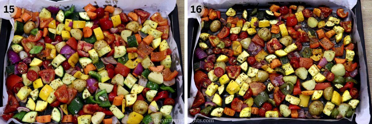 collage image of 2 steps showing roasted vegetables. It shows two images, first one before baking and second one after baking the vegetables in oven.