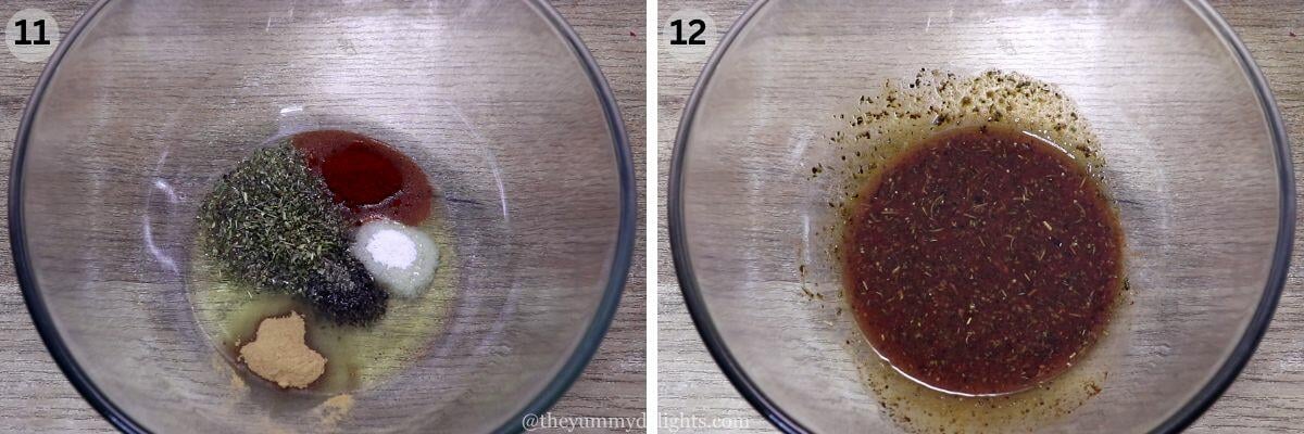 collage image of 2 steps showing making the seasoning for mediterranean roast vegetables.