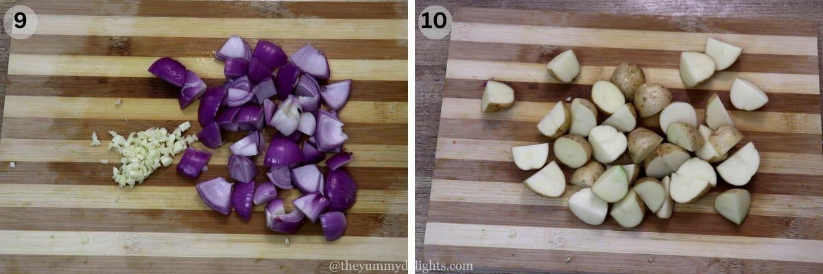 collage image of 2 steps showing chopped onions and garlic in first image, and chopped baby potatoes in the other.