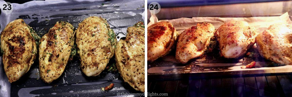 collage image of 2 steps showing oven baking stuffed chicken breasts.