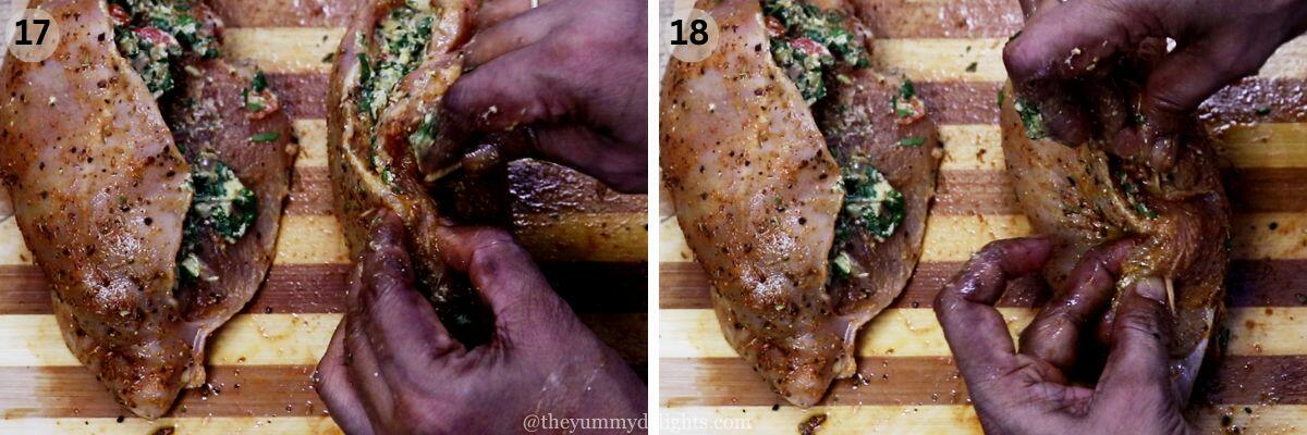 collage image of 2 steps showing how to secure the stuffing inside chicken breasts with a toothpick.