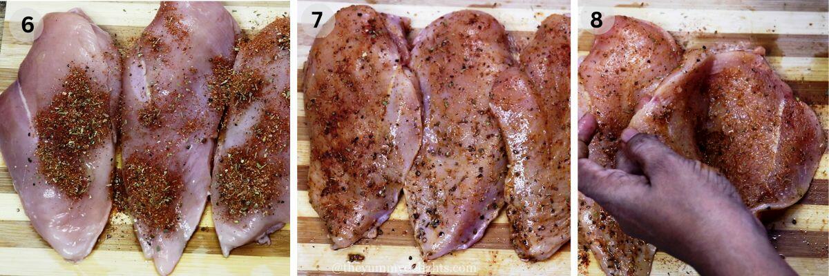 collage image of 3 steps showing seasoning the chicken breasts with mediterranean seasoning.