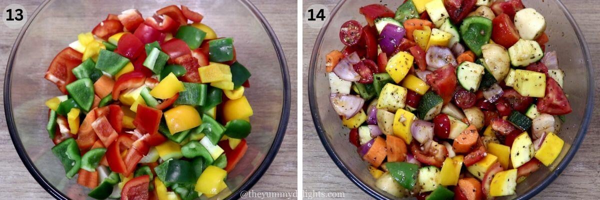 collage image of 2 steps showing tossing the mediterranean vegetables with the seasoning.