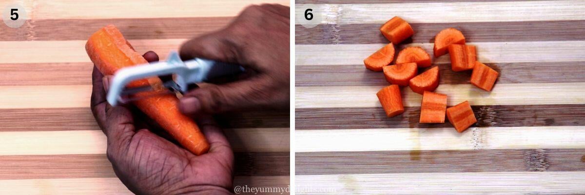 collage image of 2 steps showing peeling and chopping the carrots to make mediterranean roasted vegetables.