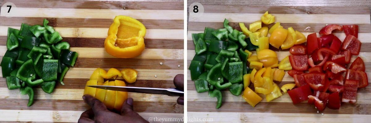 collage image of 2 steps showing chopping bell peppers to make roasted vegetables mediterranean style.