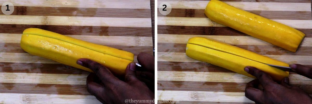 collage image of 2 steps showing chopping the mediterranean vegetables. It shows slicing zucchini in two halves.