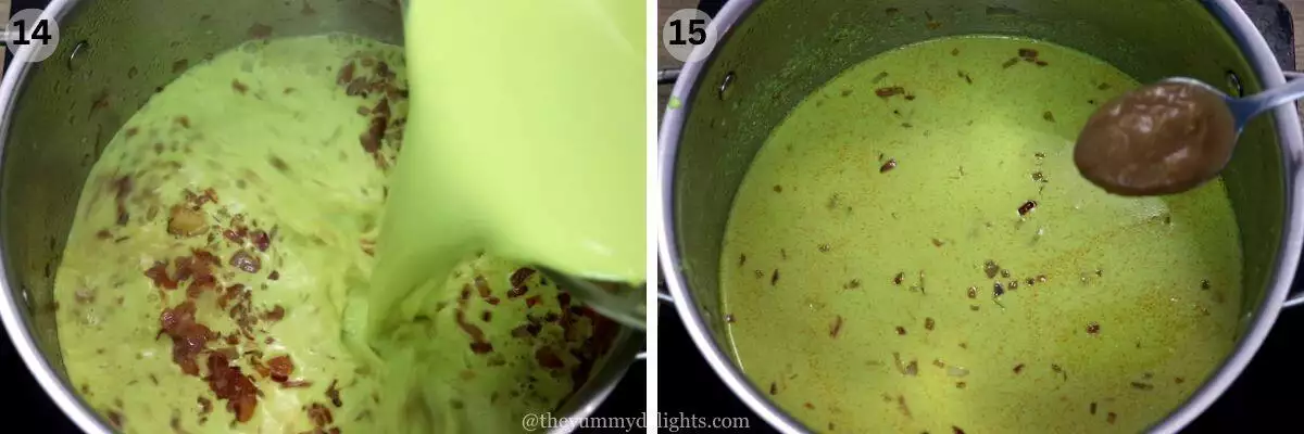 collage image of 2 steps showing addition of coconut milk extract and tamarind paste to make caldine curry.