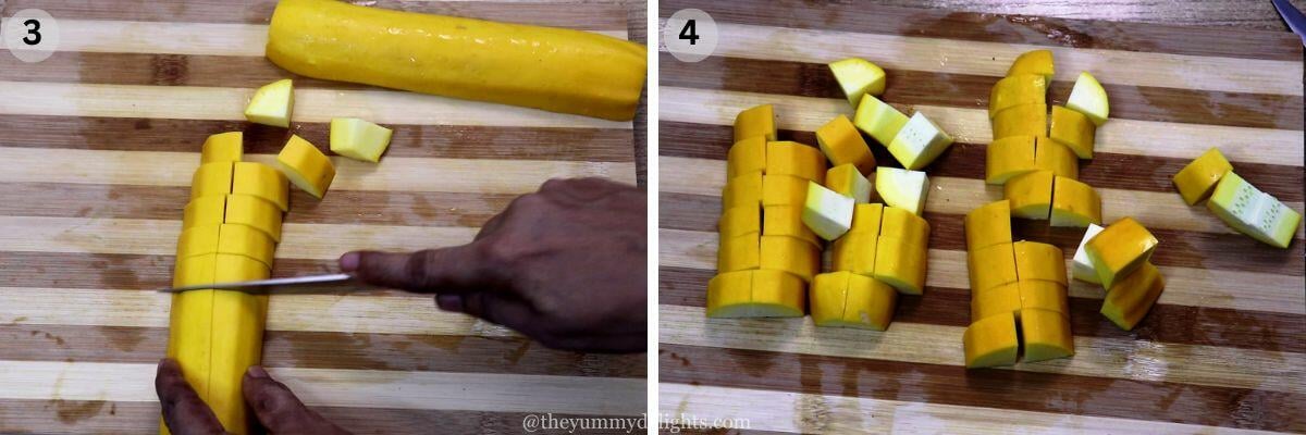 collage image of 2 steps showing how to cut mediterranean vegetables. It shows cutting zucchini.