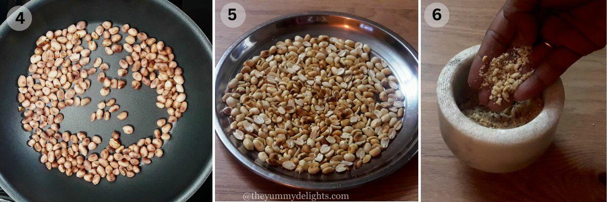 collage image of 3 steps showing roasting the peanuts and crushing them for sabudana thalipeeth recipe.