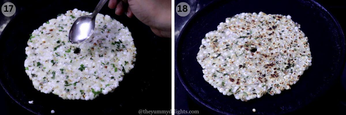 collage image of 2 steps showing cooking sabudana thalipeeth.