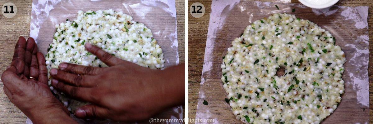 collage image of 2 steps showing how to shape sabudana thalipeeth.