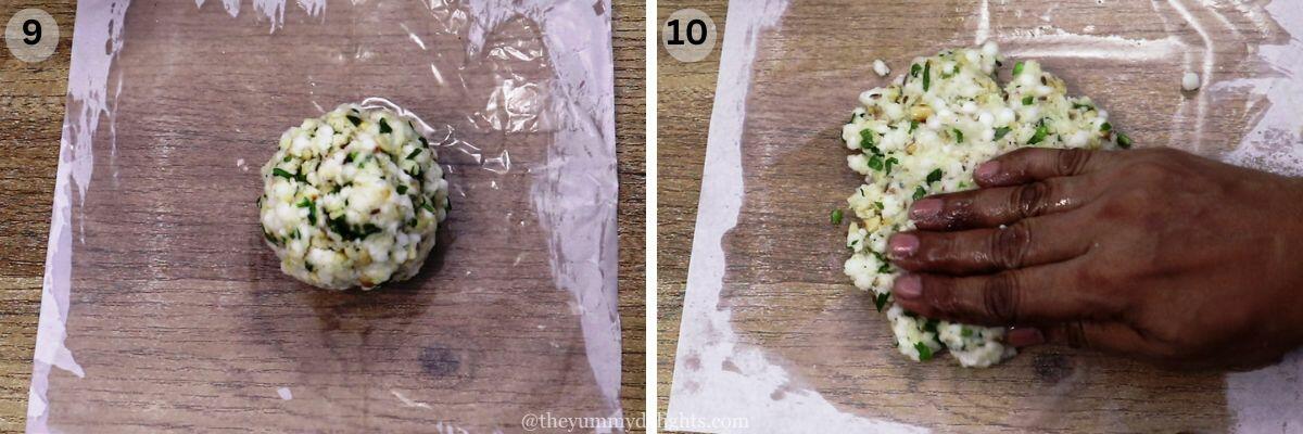 collage image of 2 steps showing spreading sabudana thalipeeth dough on a parchment paper to make thalipeeth.