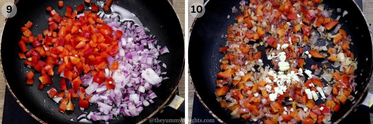 collage image of 2 steps showing sauteing onions and bell peppers.