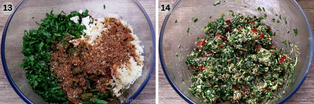 collage image of 2 steps showing making the filling for stuffed chicken.