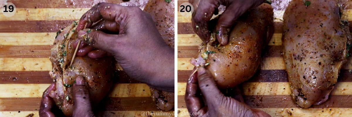 collage image of 2 steps showing securing the filling inside the chicken breast with toothpick.