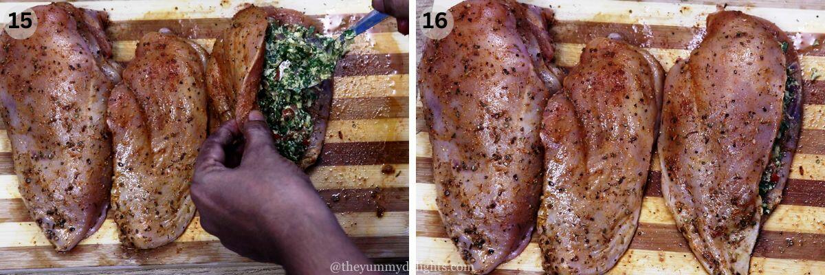 collage image of 2 steps showing filling the pocket in the chicken breasts with 2-3 teaspoons of this spinach and cheese mixture.