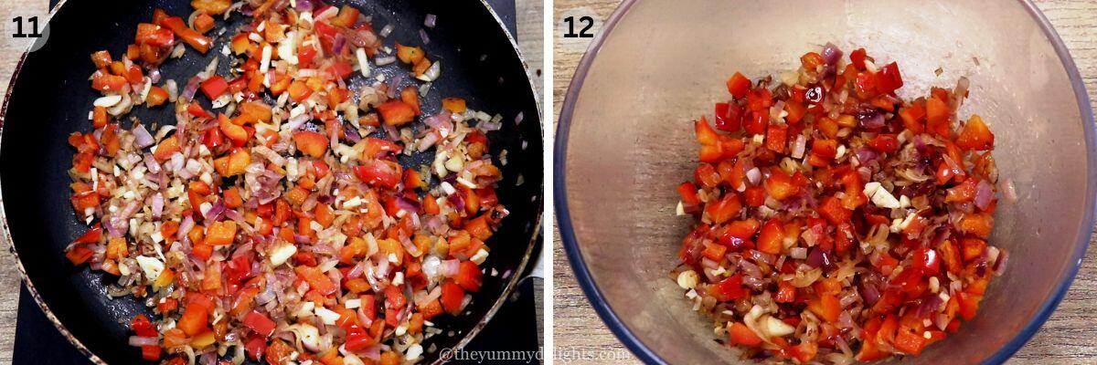 collage image of 2 steps showing sauteed onion and bell peppers for the filling and transferring it to a mixing bowl.