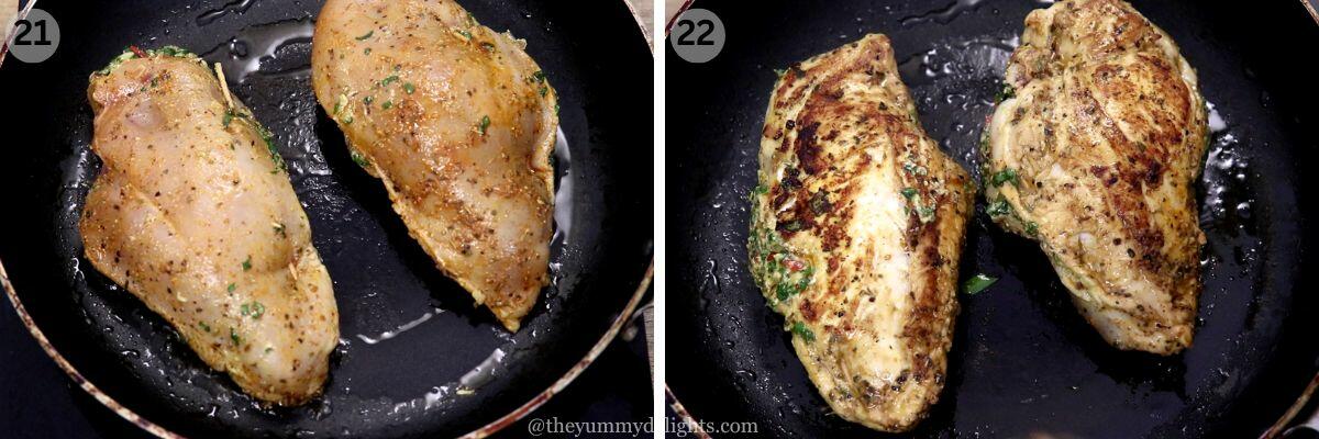collage image of 2 steps showing pan-searing the stuffed chicken breast.