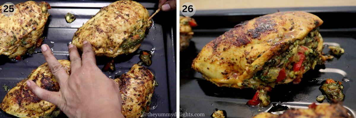 collage image of 2 steps showing removing the toothpick from stuffed chicken. Another image shows close-up of mediterranean stuffed chicken breast.