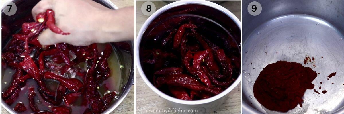 collage image of 3 steps showing how to make kuvalyacho vadyo batter. It shows grinding red chilies.