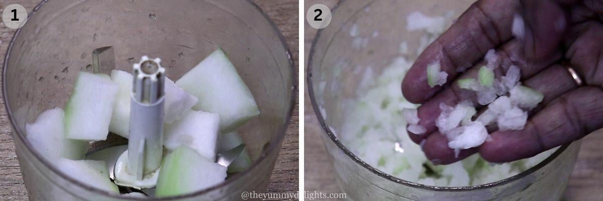 collage image of 2 steps showing how to make kuvalyacho vadyo. It shows chopped kuvalyache pieces in a chopper.