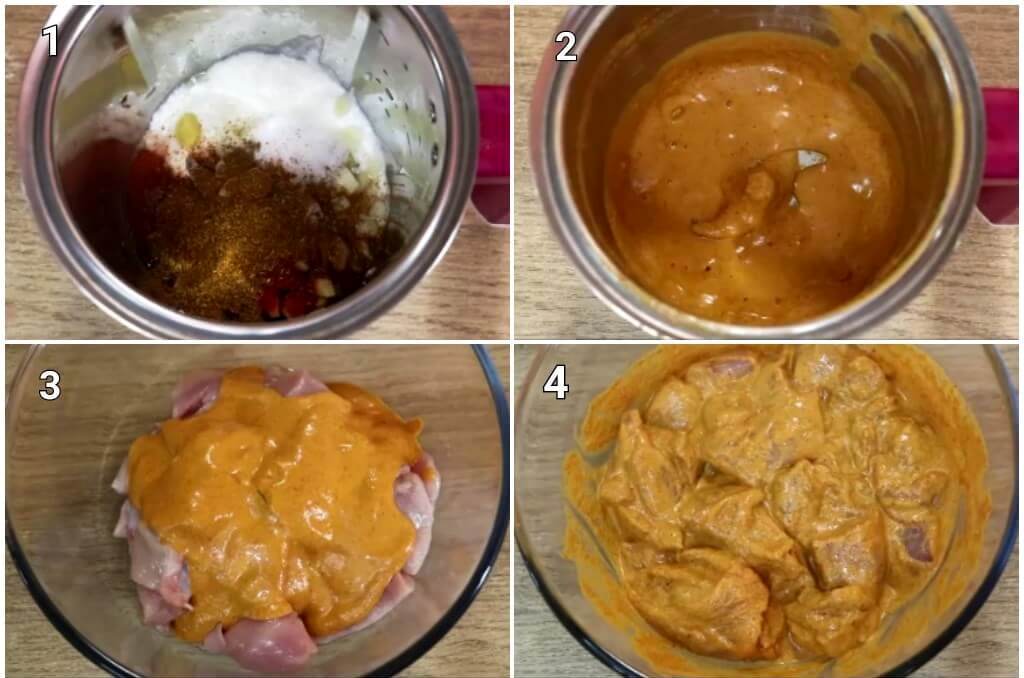 collage image of 4 steps of making chicken marinade for dishoom's chicken ruby recipe.