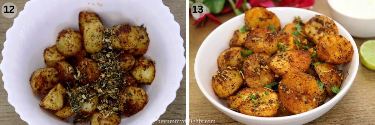 collage image of 2 steps showing how to make roasted mediterranean potatoes recipe. It shows tossing the oven roasted potatoes with garlic and herbs.