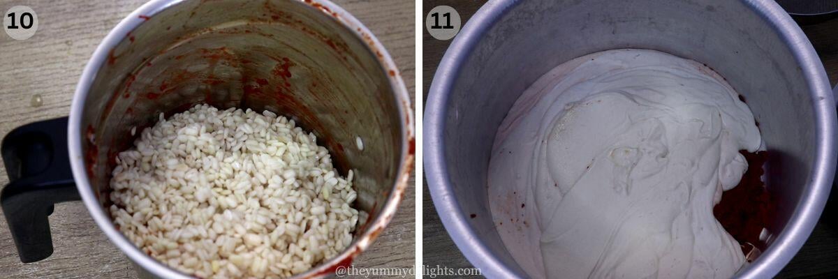 collage image of 2 steps showing grinding urad dal to make kuvalyacho vadyo batter.