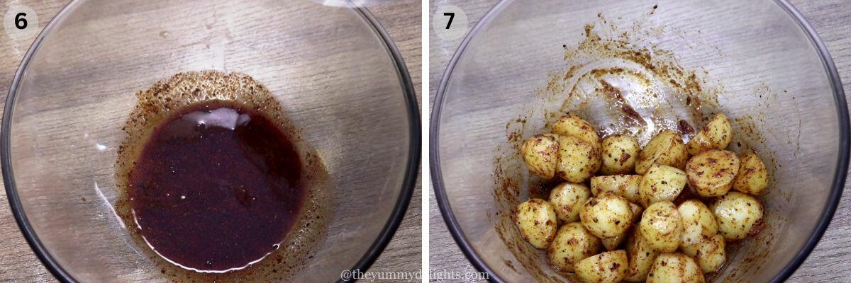 collage image of 2 steps showing mixing the seasoning with olive oil and tossing the postatoes with it to make mediterranean roasted potatoes recipe.
