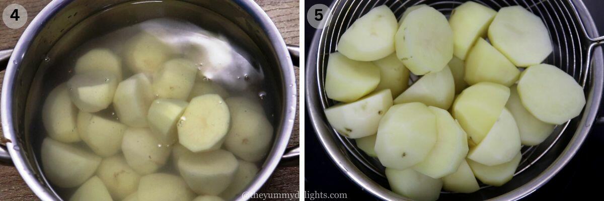 collage image of 2 steps showing how to parboil the potatoes to make mediterranean roasted potatoes recipe.