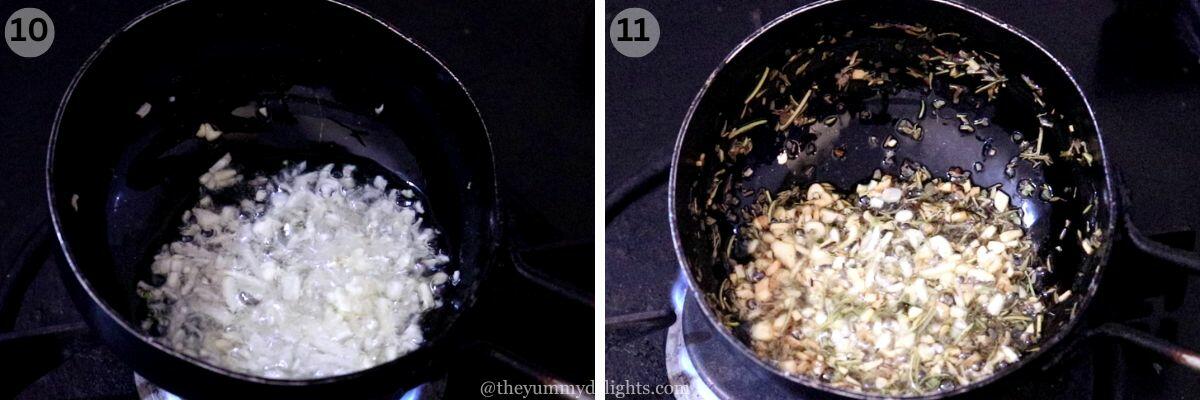 collage image of 2 steps showing how to make garlic and herb seasoning for roasted potatoes recipe.