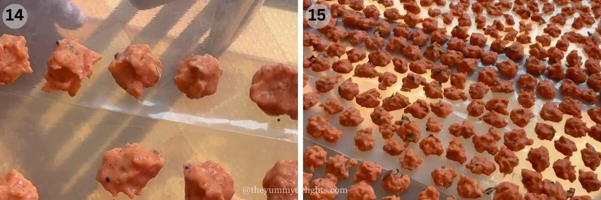 collage image of 2 steps showing how to shape kuvalyacho vadyo. It shows small rounds of kuvalyacho vadyo batter on a plastic sheet.
