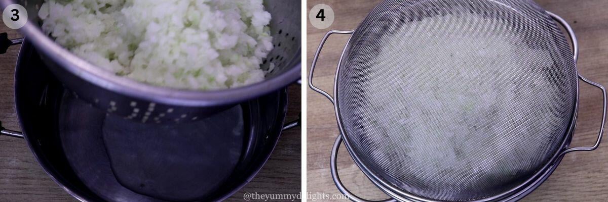 collage image of 2 steps showing placing the chopped kuvalo on a strainer to make kuvalyache vadyo recipe.