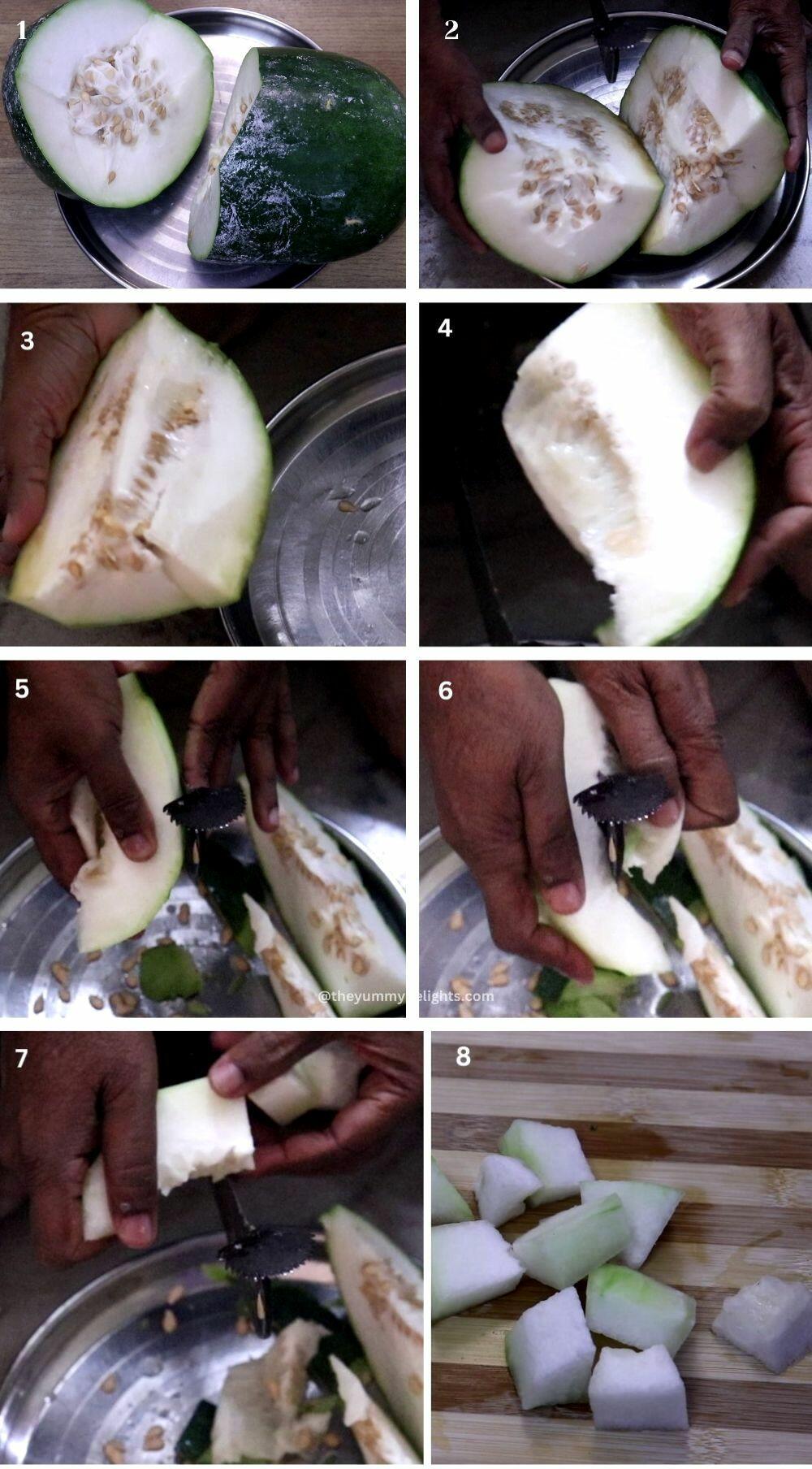 collage image of 8 steps showing how to cut kuvalo or ash gourd to make kuvalyache vadyo recipe.