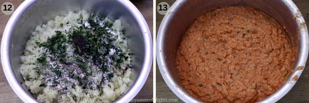 collage image of 2 steps showing how to make kuvalyacho vadyo batter.