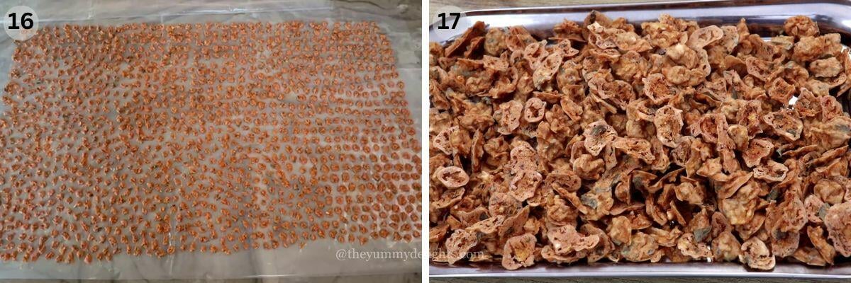 collage image of 2 steps showing drying kuvalyacho vadyo. It shows sundried image of kuvalyacho vado on first day and after 5 days.
