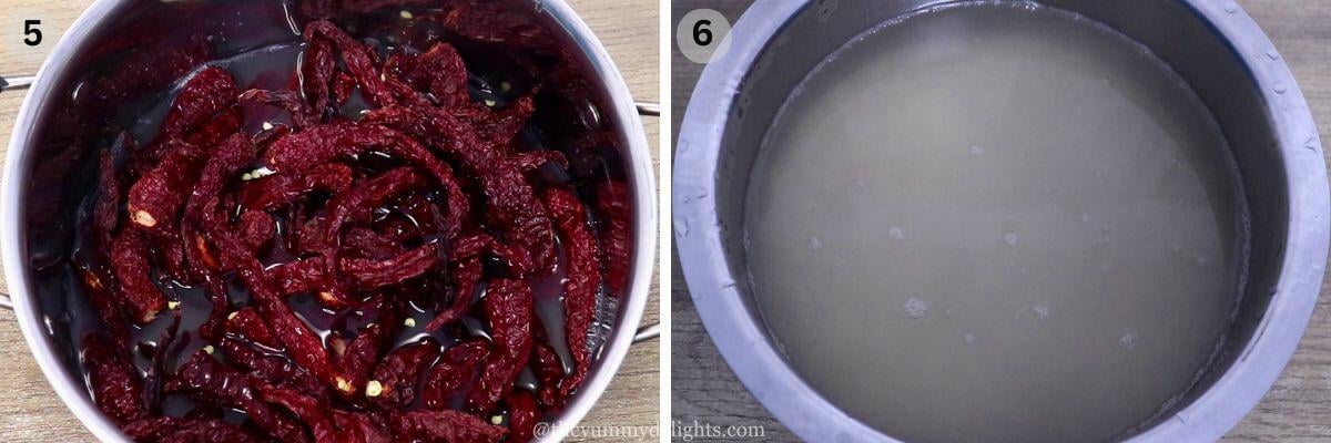 collage image of 2 steps showing soaking the red chilies and urad dal to make kuvalyacho vadyo or ash gourd vadyo recipe.