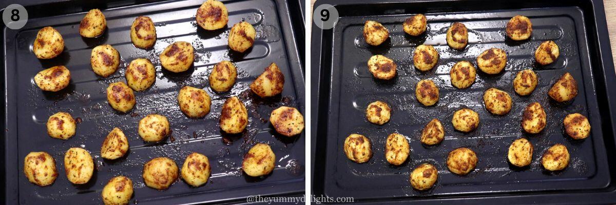 collage image of 2 steps showing roasting potatoes in a baking sheet.