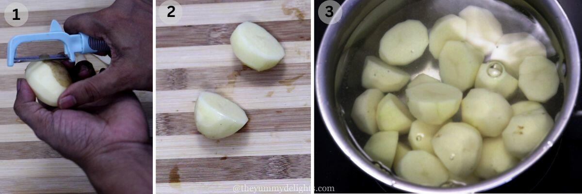 collage image of 3 steps showing how to prepare potatoes to make roasted mediterranean potatoes recipe.