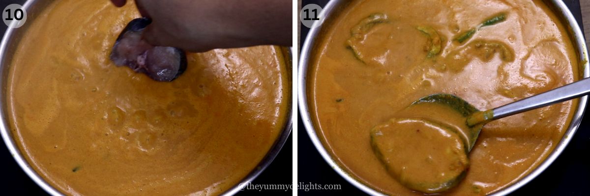 collage image of 2 steps showing how to make kingfish curry. It shows addition of kingfish fillets to the boiling curry.