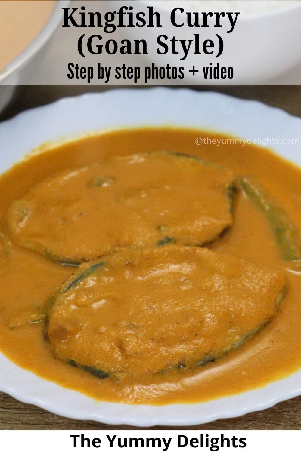 close-up of goan kingfish curry served in a white plate.