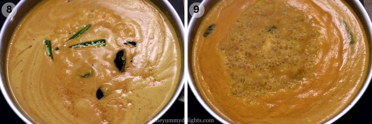 collage image of 2 steps showing how to make goan fish curry. It shows addition of kokum and green chilies to the fiah curry.