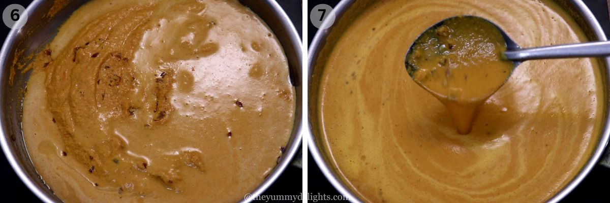 collage image of 2 steps showing the consistency of kingfish curry.