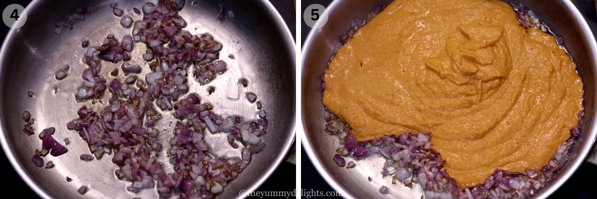 collage image of 2 steps showing sautein onions, and addition of coconut maslaa paste to make kingfish curry.