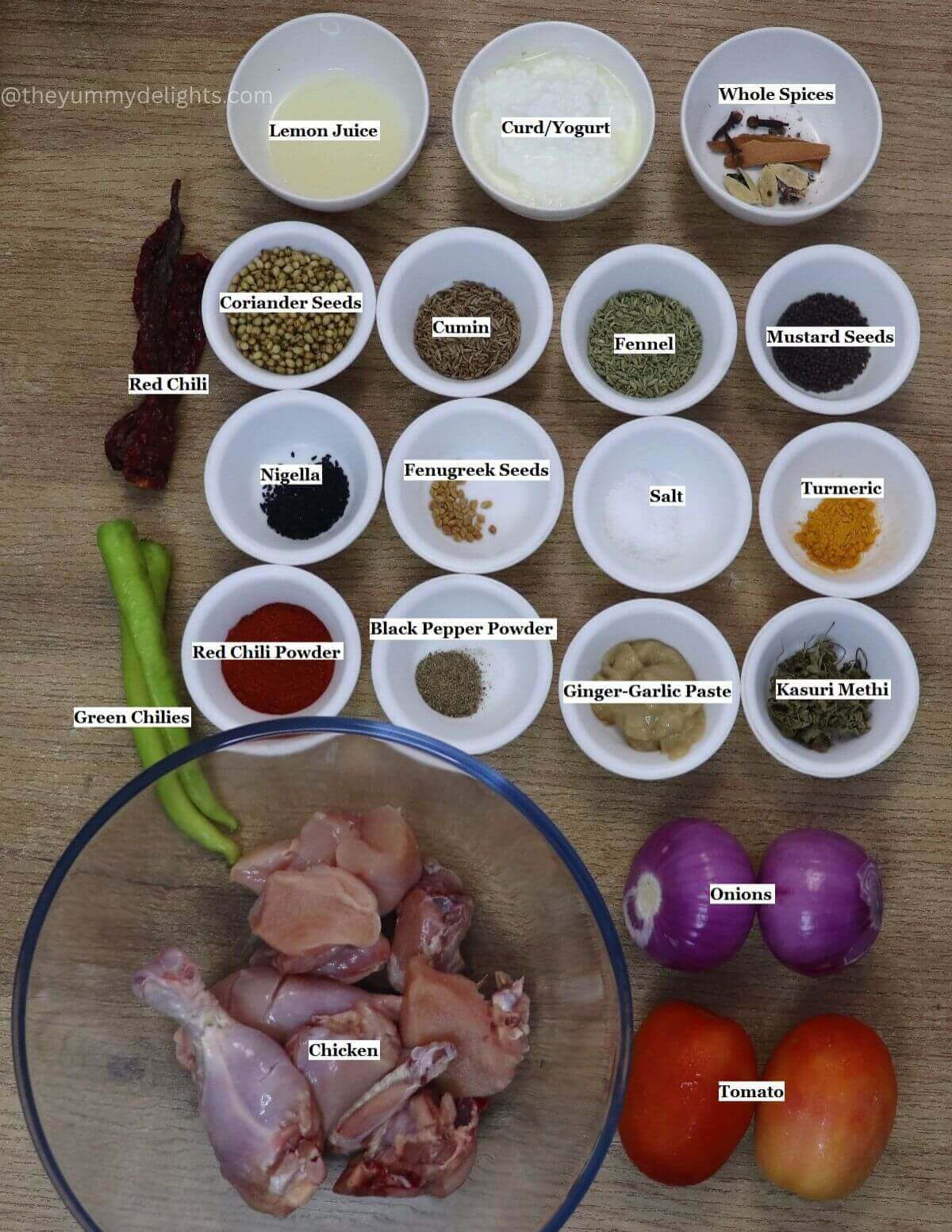 individually labeled ingredients to make achari chicken recipe are laid out on a table.
